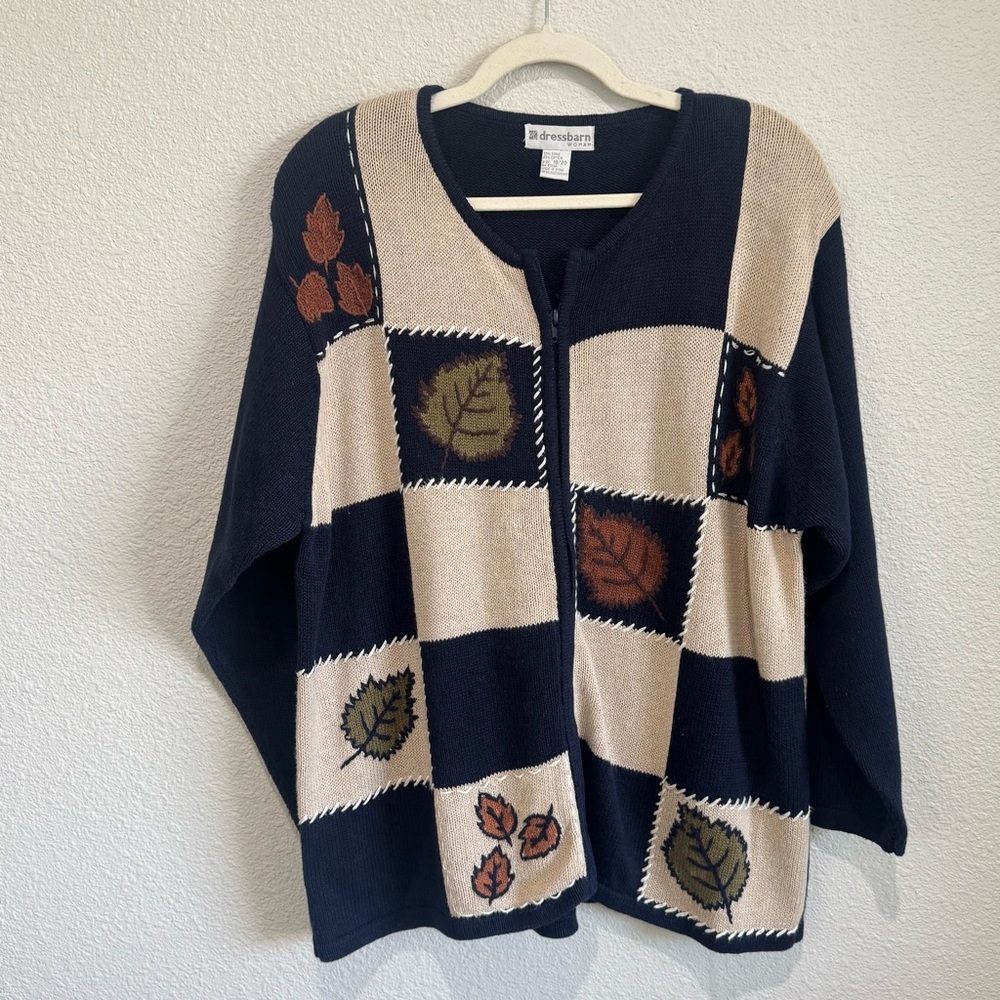 VTG Dressbarn Womens 18/20 Leaf Printed Knitted Slouchy Cardigan Sweater Grandma